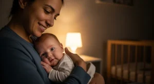A happy parent holding a healthy baby at night in a dimly