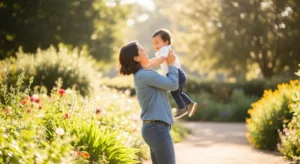 Smiling woman lifting her child outdoors, showing improved mobility after osteopathic care.