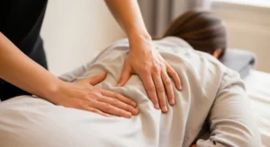 Close-up of an osteopath’s hands applying gentle pressure to a patient’s lower back during treatment.
