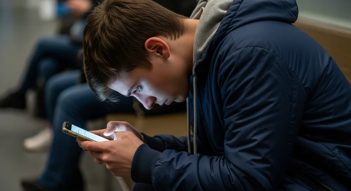 Person with poor posture looking down at a smartphone