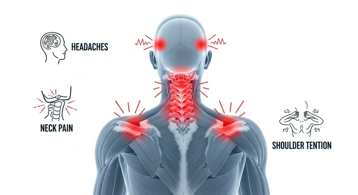 Diagram showing increased pressure on neck muscles when head bends forward