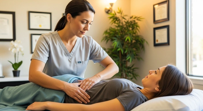 Osteopathic physician providing gentle, hands-on pelvic care in a calm Houston clinic.