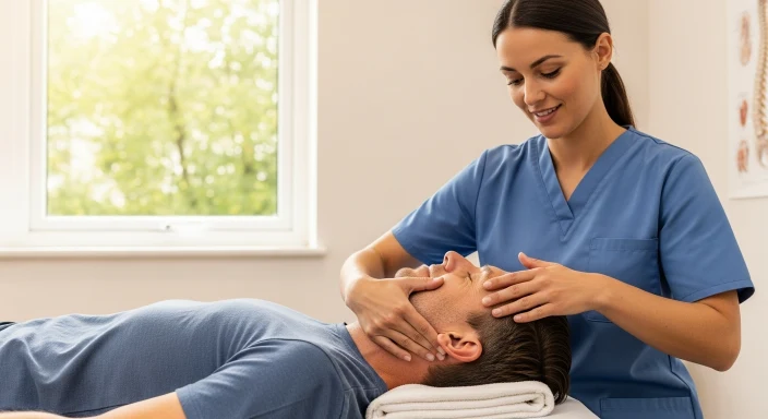 Osteopath providing gentle hands-on neck and shoulder treatment
