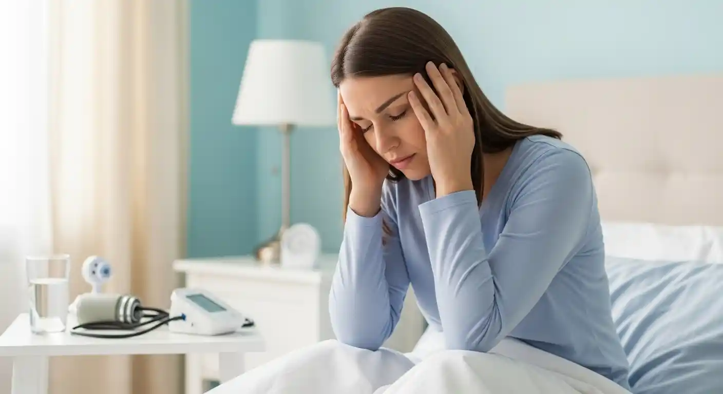 A tired new mother sitting on her bed holding her head in pain, showing early signs of postpartum preeclampsia such as severe headache and fatigue.