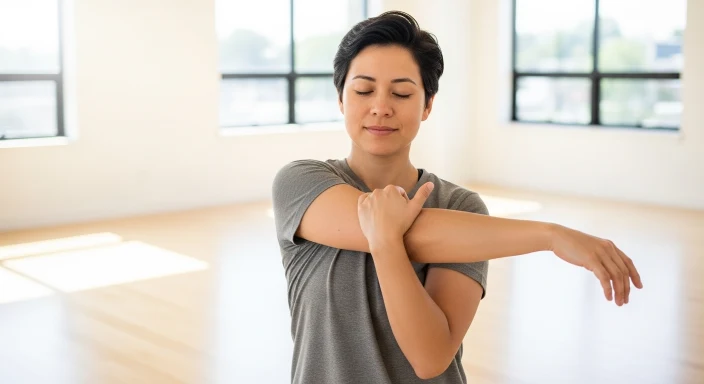 Person performing simple neck and shoulder stretches at home