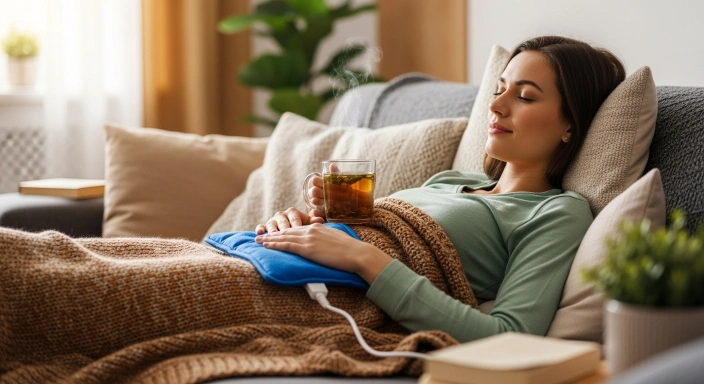Woman relaxing with a heating pad and herbal tea, showing natural ways to ease ovulation pain.