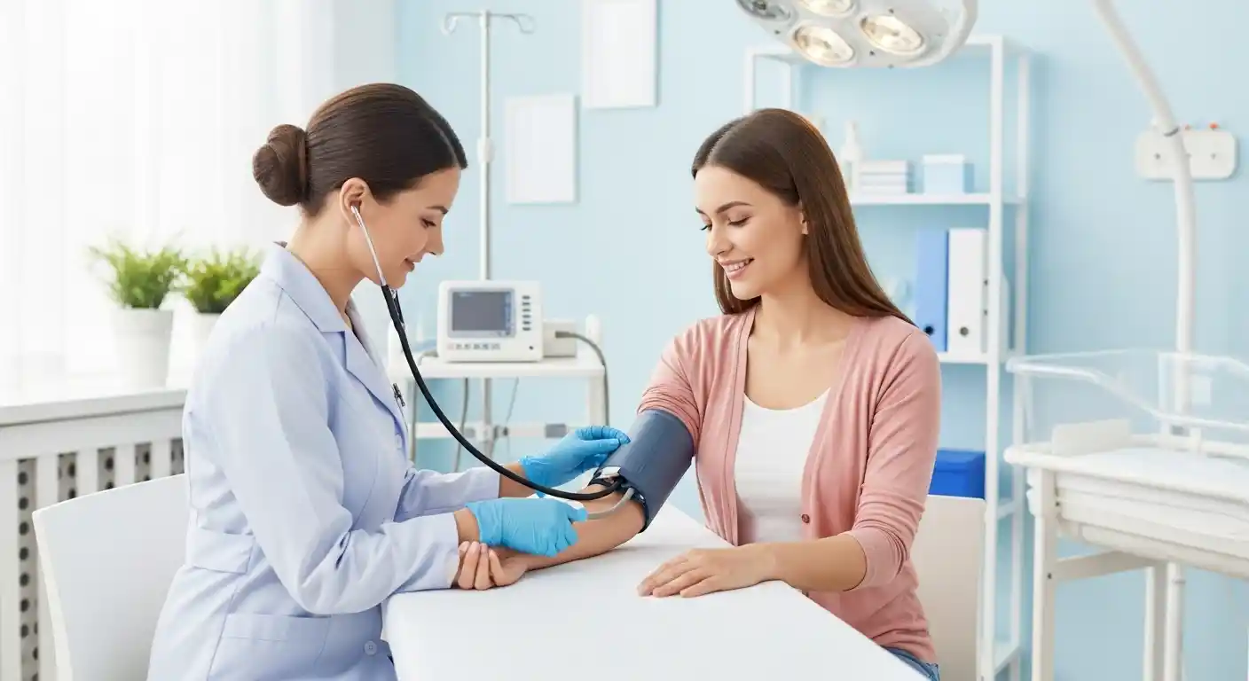 A doctor checking a new mother’s blood pressure in a bright hospital room, representing medical care and recovery from postpartum preeclampsia.